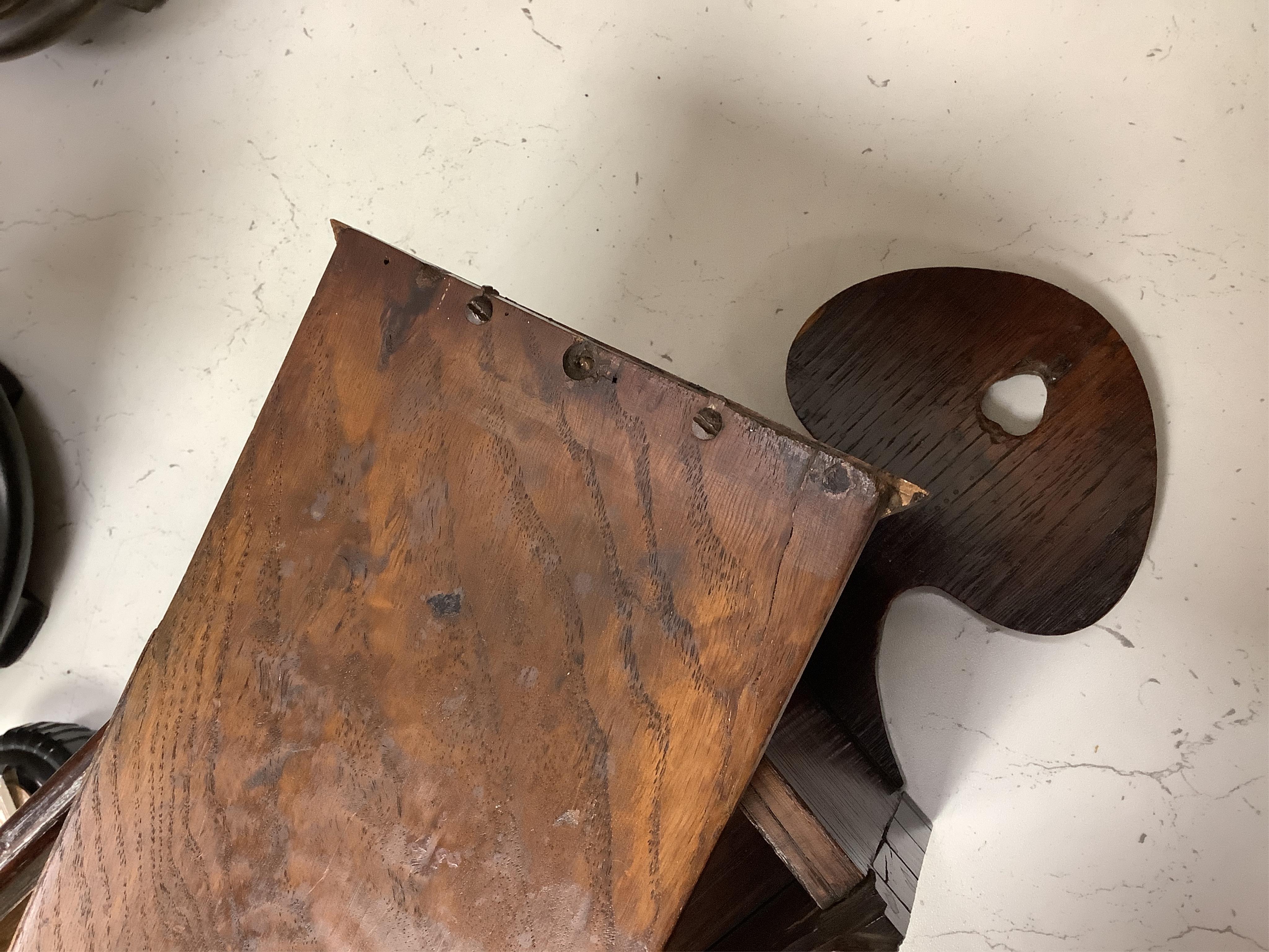 A George III mahogany cutlery tray, together with an oak hanging candle box, largest 48cm high. Condition - fair to good